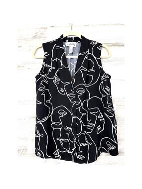 Joseph Ribkoff Womens 8 Black White Abstract Sleeveless Button Work Blouse NEW